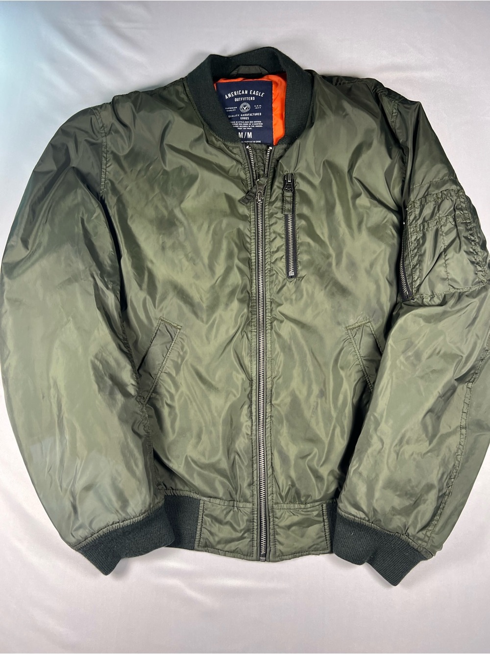 American Eagle Outfitters Olive & Orange Zip-Front Bomber Jacket